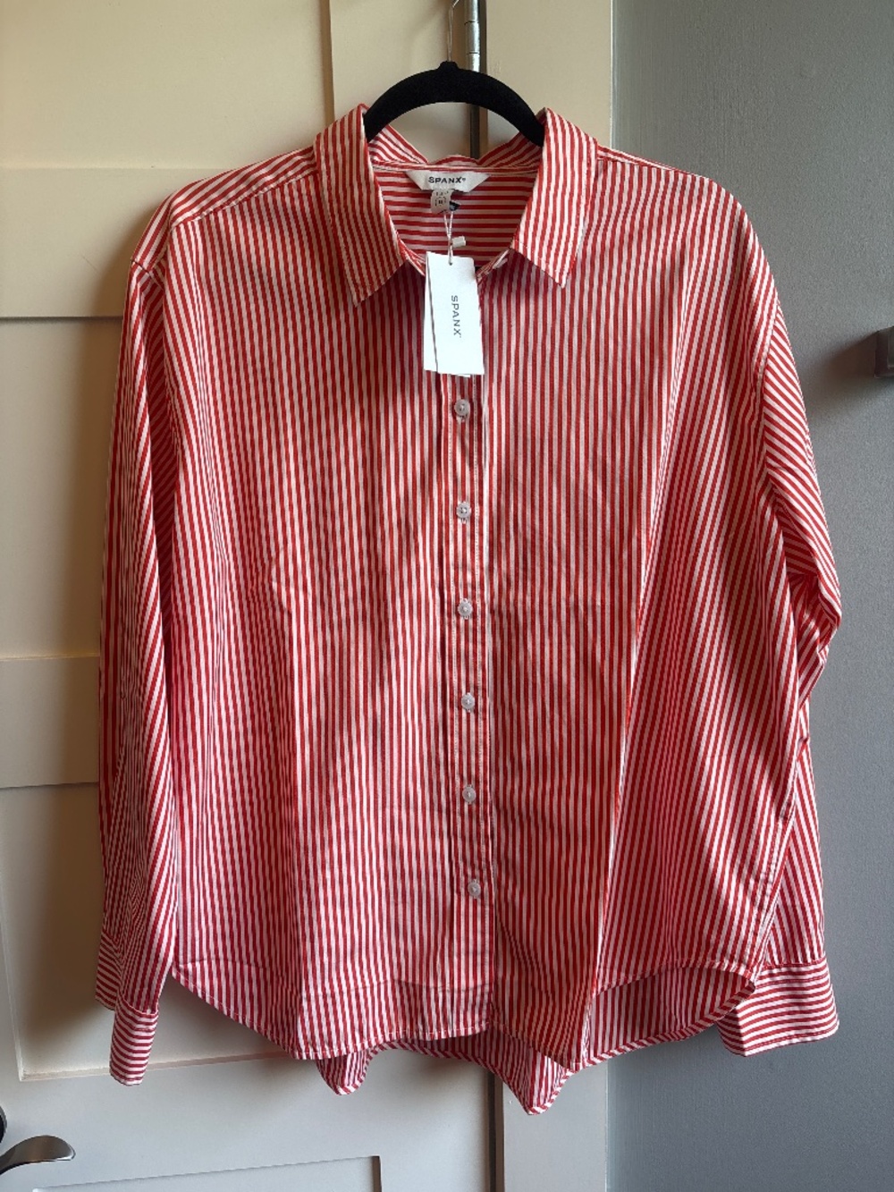 NEW Spanx large orange tomato red stripe poplin oversized button up shirt NWT